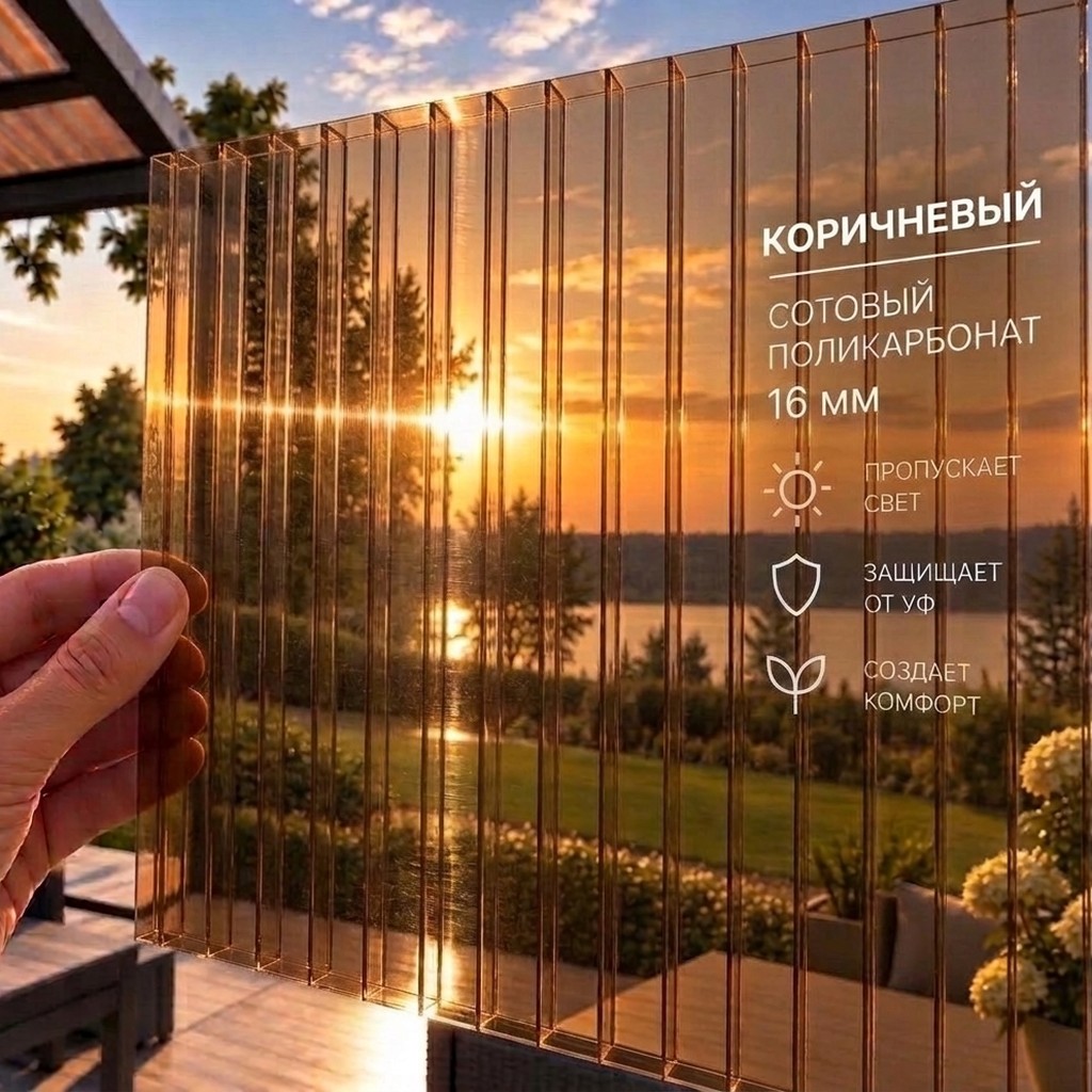 Фото: Сотовый поликарбонат 16 мм Премиум 3R, коричневый, лист 2,1 x 12 м
