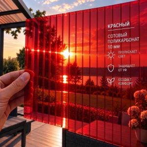 Фото: Сотовый поликарбонат 10 мм Стандарт, красный, лист 2,1 x 6 м