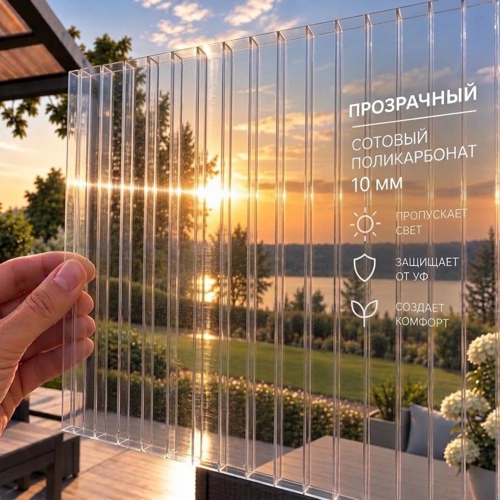 Фото: Сотовый поликарбонат 10 мм Премиум, прозрачный, лист 2,1 x 12 м