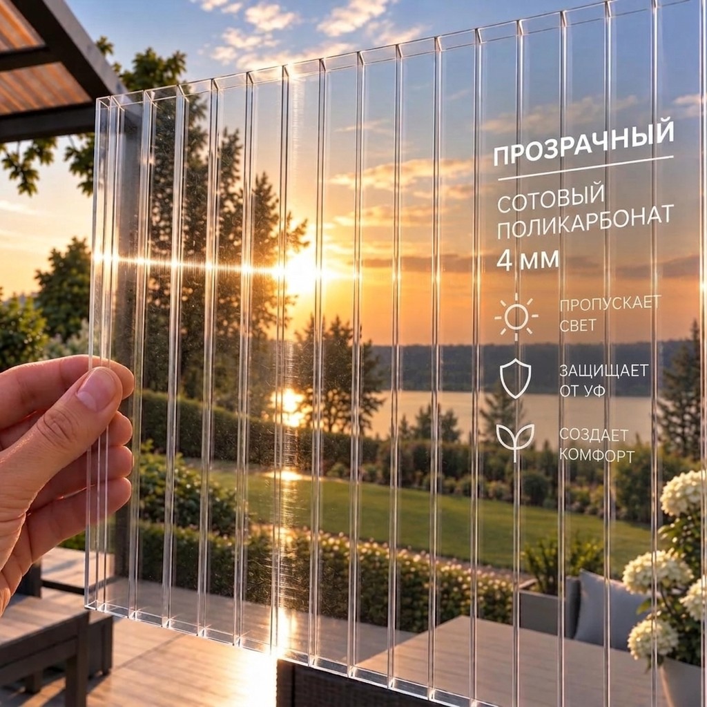 Фото: Сотовый поликарбонат 4 мм Стандарт, прозрачный, лист 2,1 x 12 м